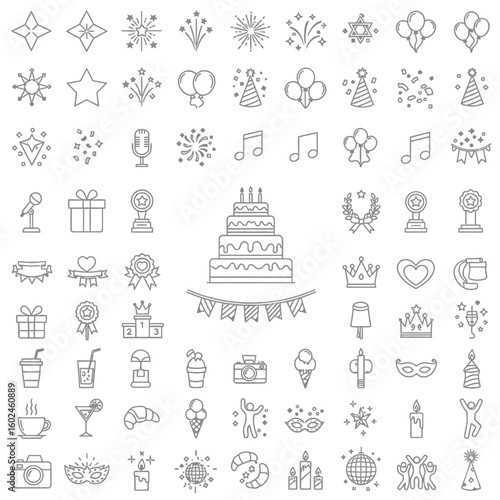 Collection of line art icons featuring party celebrations and festive elements on a white background