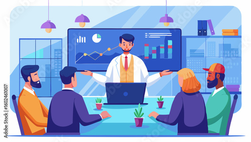 Minimal line art of Indian businessman giving presentation to diverse team.