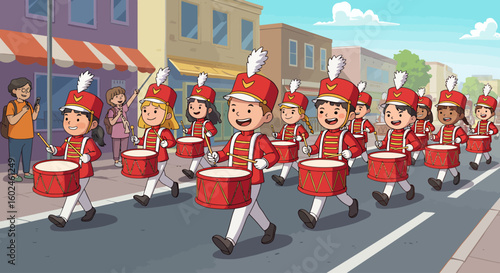 A cheerful children's marching band parades down a vibrant town street, entertaining onlookers.