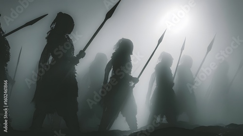 Silhouettes of figures with spears in mist.