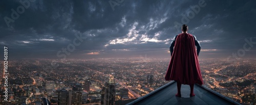 A guardian stands watch over a sprawling cityscape at night, a beacon of hope against the dramatic, cloud-filled sky.