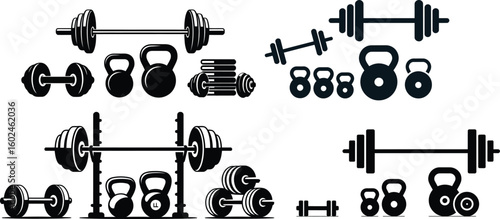 A set of weightlifting silhouettes in black — includes different types of barbells, dumbbells, kettlebells, weight plates, squat rack, and fitness-related equipment icons.