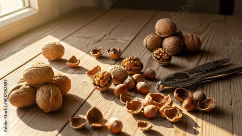 Cracked walnuts and hazelnuts on a rustic wooden table lit by golden sunlight. A peaceful still life capturing the essence of Nut Spas harvest with warm, natural tones and textures.