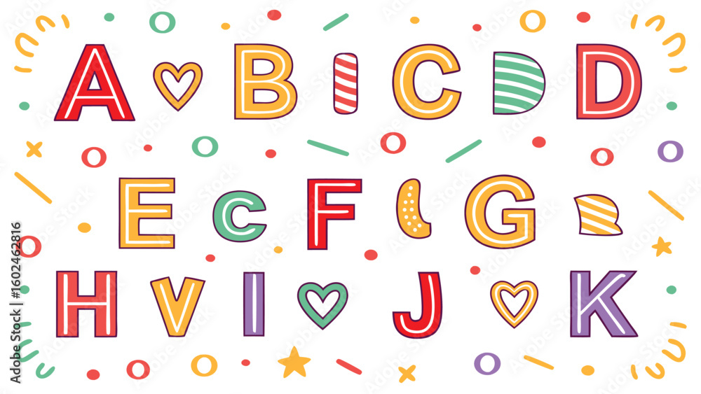 Fototapeta premium Alphabet letters A to K with playful patterns and confetti