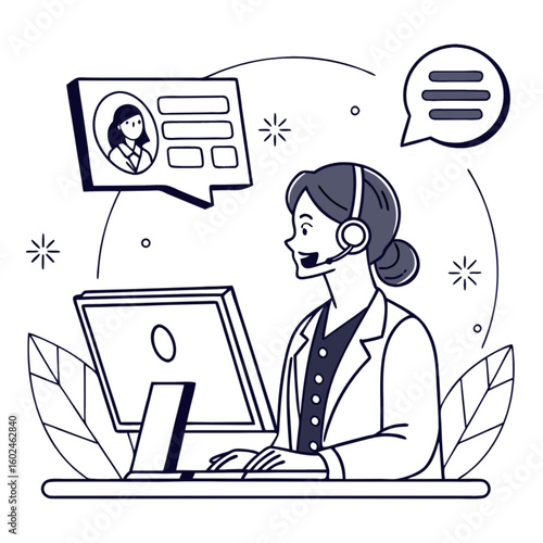 Businesswoman giving online webinar with live chat, flat vector illustration