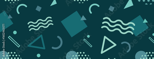 Geometric background with teal background, featuring teal shapes and patterns. The background is modern and abstract with teal accents. Fun memphis pattern background. Teal background vector.