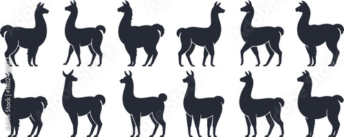 Llama silhouette collection, cartoon alpaca vector set, animal side pose, minimalist wildlife art, graphic design, farm animal illustration
