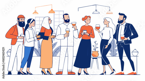 Multicultural business team connecting at high-level networking event. Corporate professionals in discussion, greeting each other at exclusive business meetup in luxury venue.

