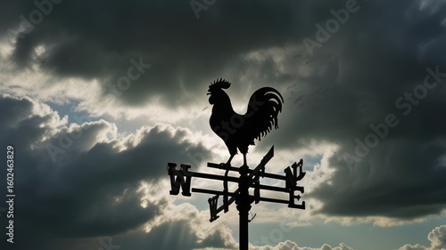 Rooster weathervane against a dramatic, cloudy sky with sunbeams peeking through