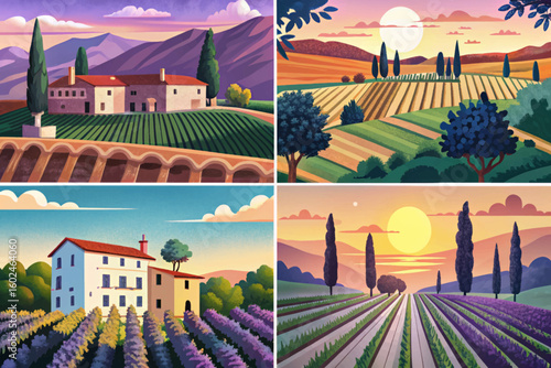 illustration Italian vineyards set cartoon landscape design with green hills and fields Vector. Flat design banner. European summer rural scenery at evening collection