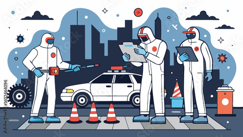 Crime scene investigators collecting forensic evidence at night with flashing police car lights. Professional forensic team in protective suits working at crime scene investigation site.

