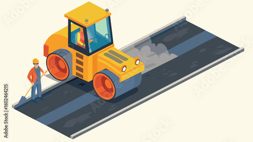 Isometric illustration of road construction with roller and worker smoothing asphalt surface