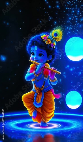 Cute Lord Krishna dancing and playing golden flute in an ethereal blue cosmic setting. Adorable Hindu god child performing classical Indian dance. Devotion, culture, festival, spirituality. Indian God