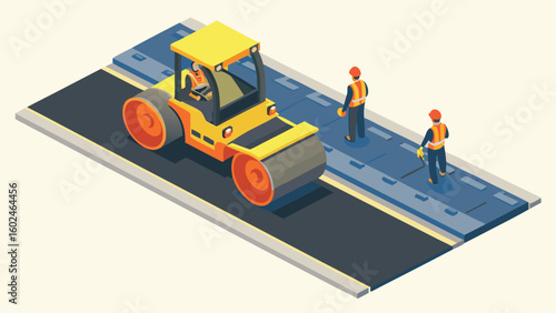 Isometric view of road construction with steamroller and workers paving a new asphalt surface