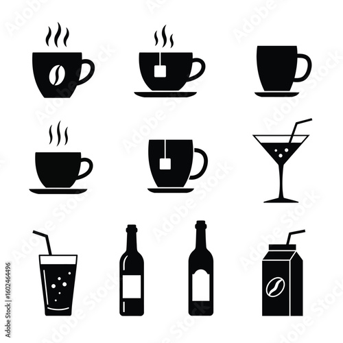 Variety of Beverages Black and White Vector Illustration of Coffee Tea Juice Cocktail and Wine Drinks