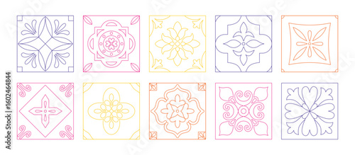 Linear vintage Mediterranean tiles. Hand drawn line art. Flower power. Geometric ornate flowers. Colorful mosaic. Arabic contour. Coloring book. Vector.