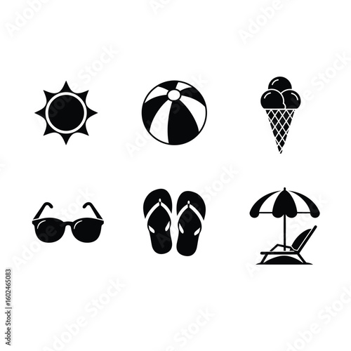 Summer vacation icons sun beach ball ice cream sunglasses flip flops lounge chair illustration and summer vibes for travel