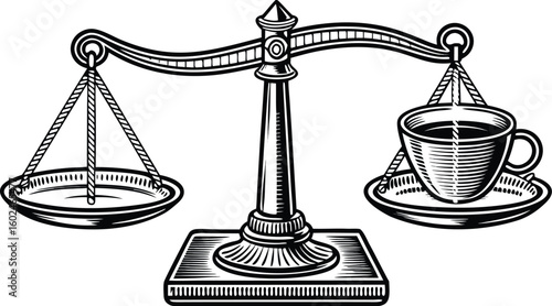 Vintage Balance Scale with Coffee Cup – Hand-Drawn Sketch Illustration