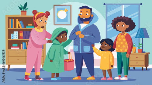 Happy diverse family spending quality time together in cozy winter clothes.