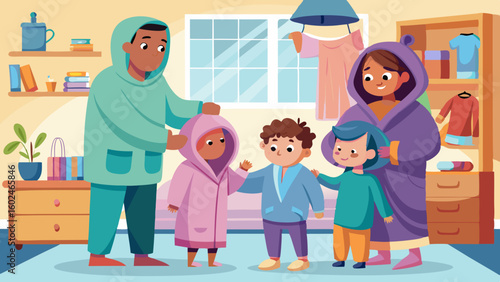 Happy diverse family spending quality time together in cozy winter clothes.