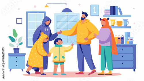 Happy diverse family spending quality time together in cozy winter clothes.