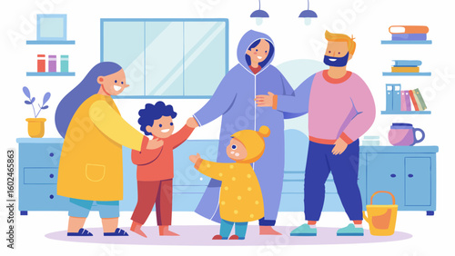 Happy diverse family spending quality time together in cozy winter clothes.
