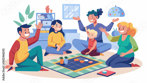 Happy family playing board game together in cozy living room. Parents and kids laughing, enjoying quality time on large rug at home interior.

