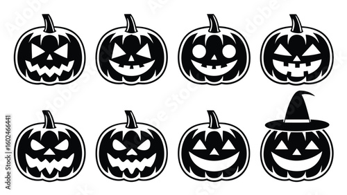 Eight Black Halloween Jack O Lanterns With Different Faces