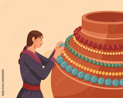 A vector illustration depicting a female artisan arranging colorful beads on a large clay pot