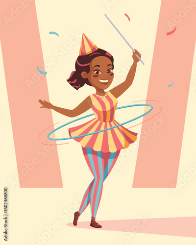 A flat vector illustration of a cheerful female circus performer with a hula hoop on stage.