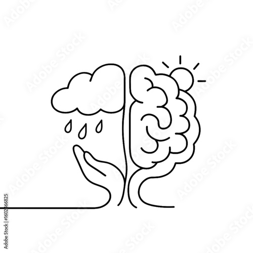 Minimalist line art of a brain split between sunshine and rainy cloud in hand, symbolizing mood balance and mental health concept.
