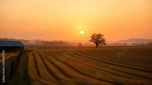 Golden Hour Serenity: Captivating Farmland Landscape at Sunrise with Barn and Tree
