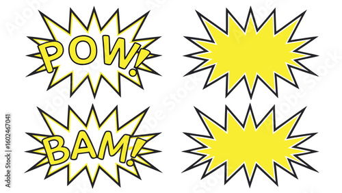 Yellow comic book explosion bursts with P O W and B A M text