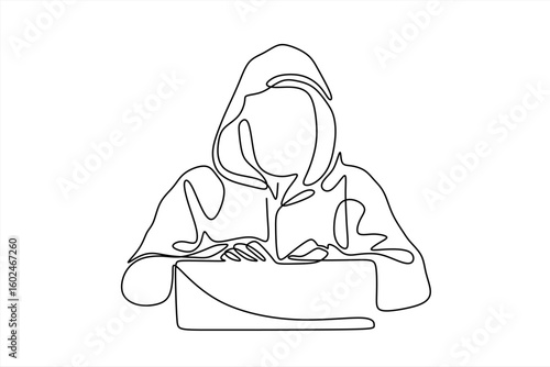 Continuous one line drawing of a Thief hacker. Hacker stealing sensitive data as passwords from a personal computer.Concept hacking internet. Hand drawn one line vector. Editable stroke	