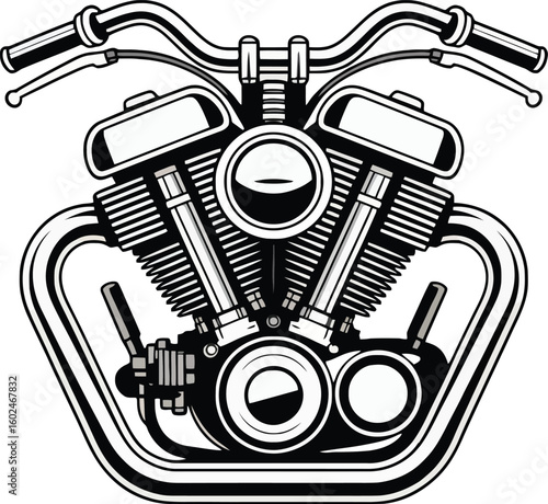 Chrome motorcycle engine with handlebars and levers v twin black