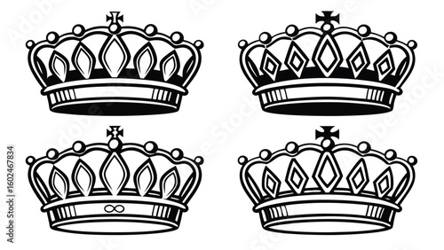 Four black and white royal crowns on white background