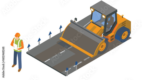 Isometric view of road construction with worker and steamroller on a newly paved road surface area