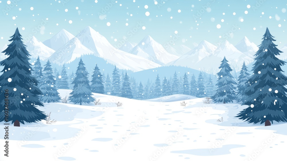 Naklejka premium 107.A serene winter scene depicting a forest blanketed in snow, with distant snow-capped mountains forming the backdrop. The peaceful atmosphere and crisp white snow create a beautiful winter