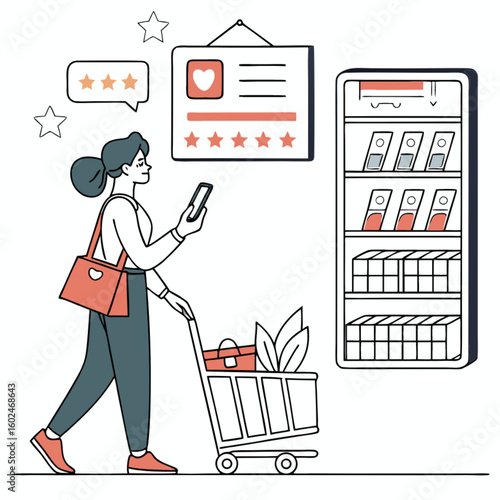 Customer using mobile app to compare product prices in store, flat vector concept