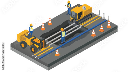 Isometric view of road construction with workers and machinery installing pipes underground project site