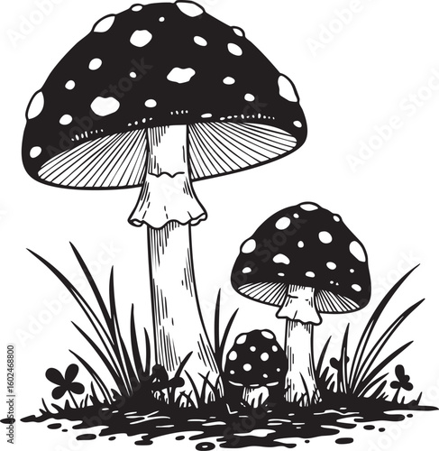 Detailed illustration of spotted mushrooms growing in grass silhouette