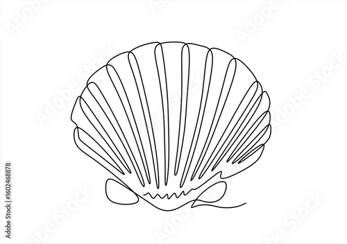 One continuous single-line drawing of a seashell. One-line art of beauty product pearl minimalist, Pearl in a seashell one line art drawing. Hand drawn one line vector. Editable stroke	
