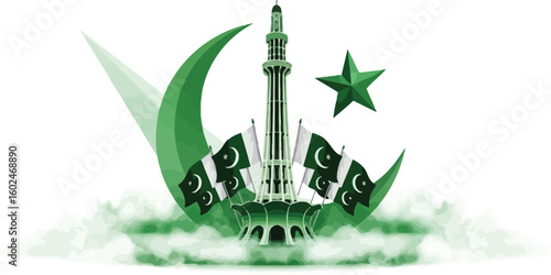 Celebrate pakistan day with minar e pakistan and crescent moon illustration