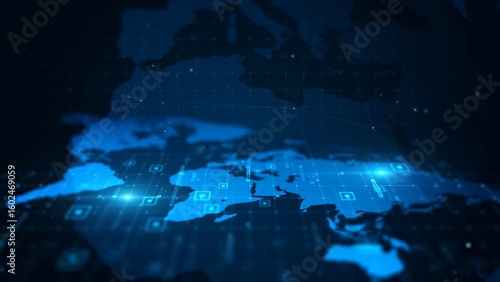 Fototapeta Naklejka Na Ścianę i Meble -  Futuristic Global Digital Network with Glowing Blue World Map and Grid Patterns