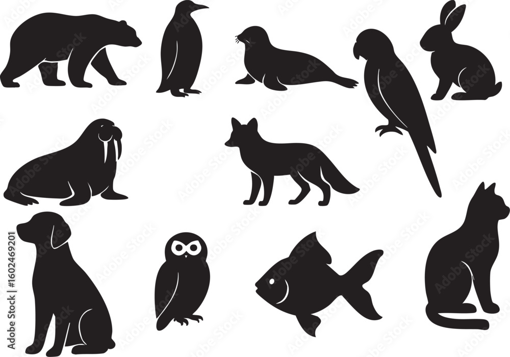 Fototapeta premium Animal Silhouette Clipart Pack – Bear, Penguin, Fox, Owl, Dog, Cat & Wildlife Vectors for Art Projects, Printables, Decor & Digital Graphic Design