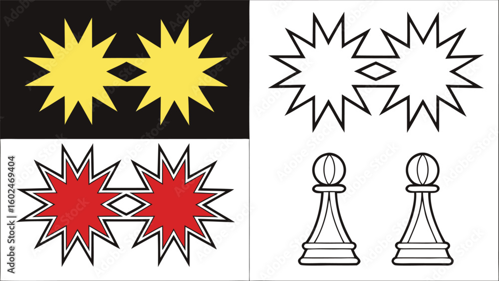 Fototapeta premium Yellow red starbursts and chess pawns graphic elements