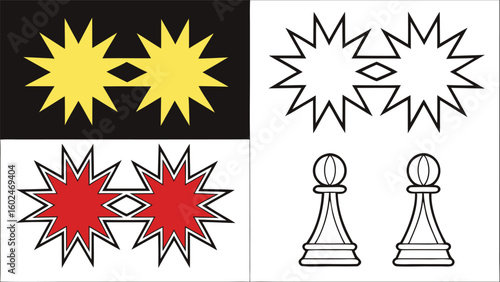 Yellow red starbursts and chess pawns graphic elements