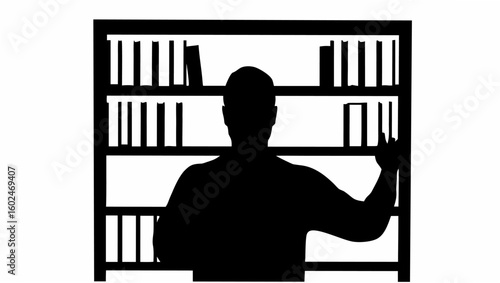 Silhouette of a person reaching for a book on a bookshelf filled with books in black and white design style