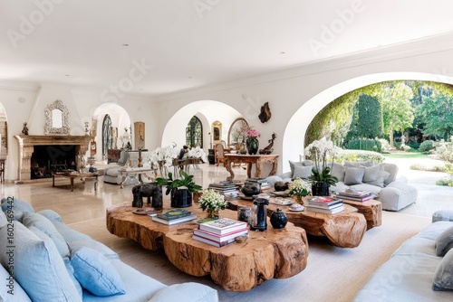 Bright and Spacious Living Room with Modern Decor and Serene Outdoor View