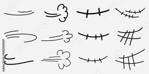 Set of hand-drawn cartoon motion lines and facial expressions. Includes various lines and curves. Ideal for comic art and animation. Cartoon lines and expressions. Black hand drawn elements, vectors.